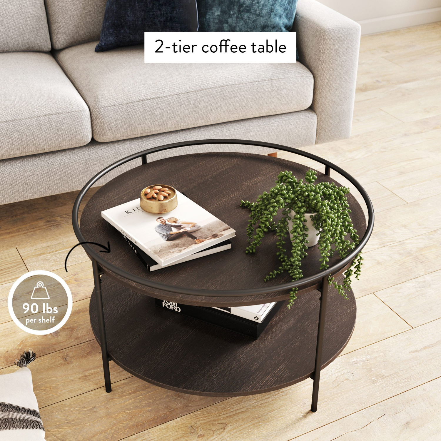 Paloma round Coffee Table for Tea or Cocktail 2-Tier Minimalist Tray Top Edge, Dark Oak/Matte Black