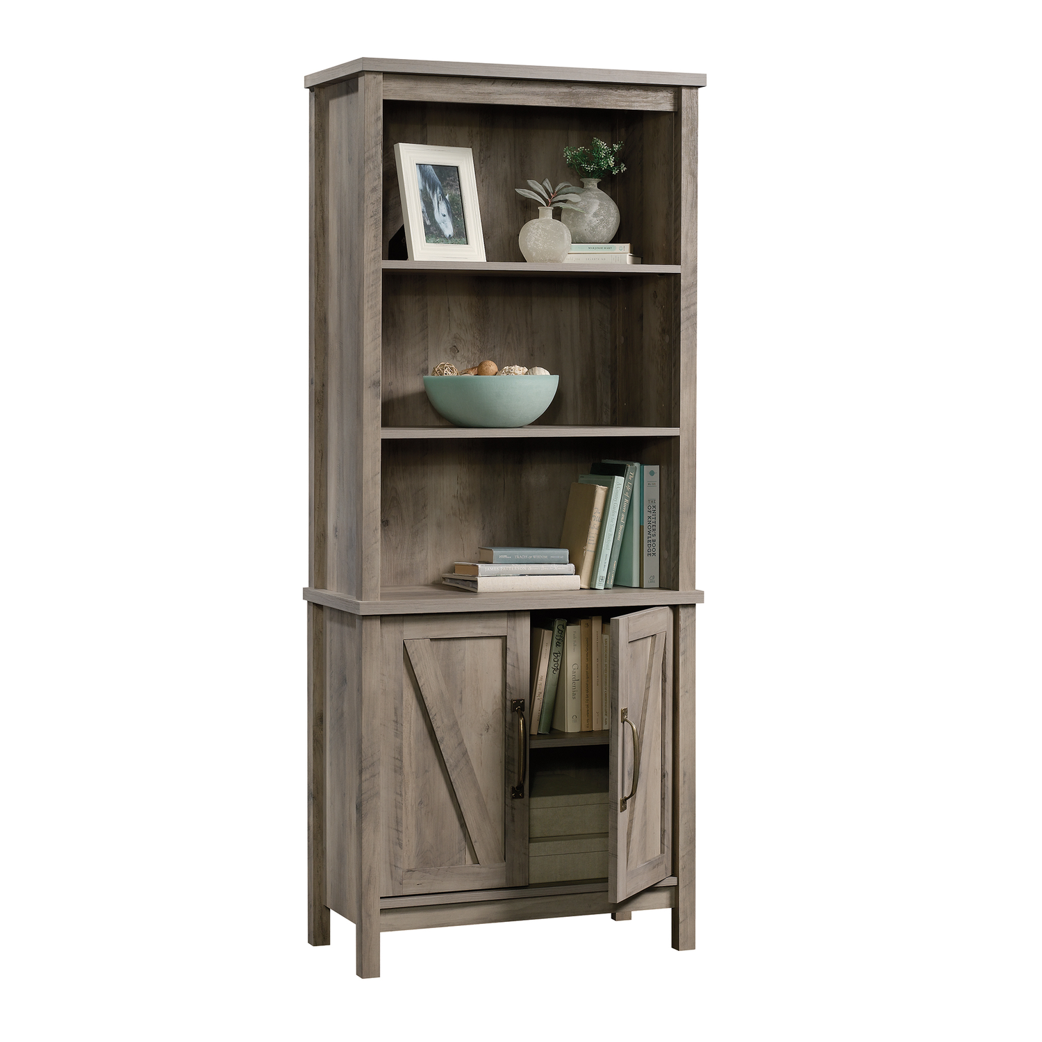 Modern Farmhouse Library Bookcase with Doors, Rustic Gray Finish