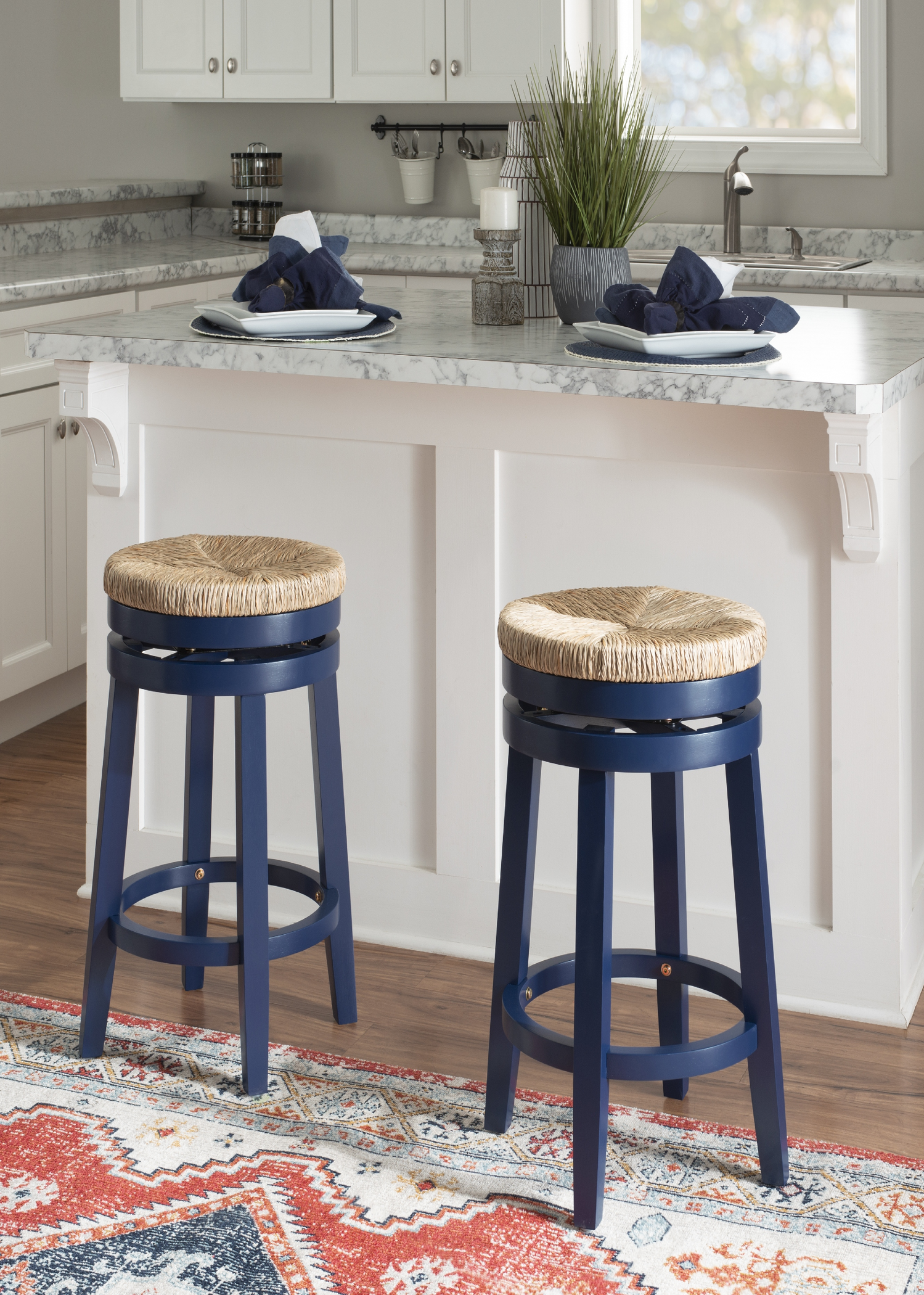 Morgan 25.5" Backless Counter Stool with Swivel, Navy Blue with Natural Rush