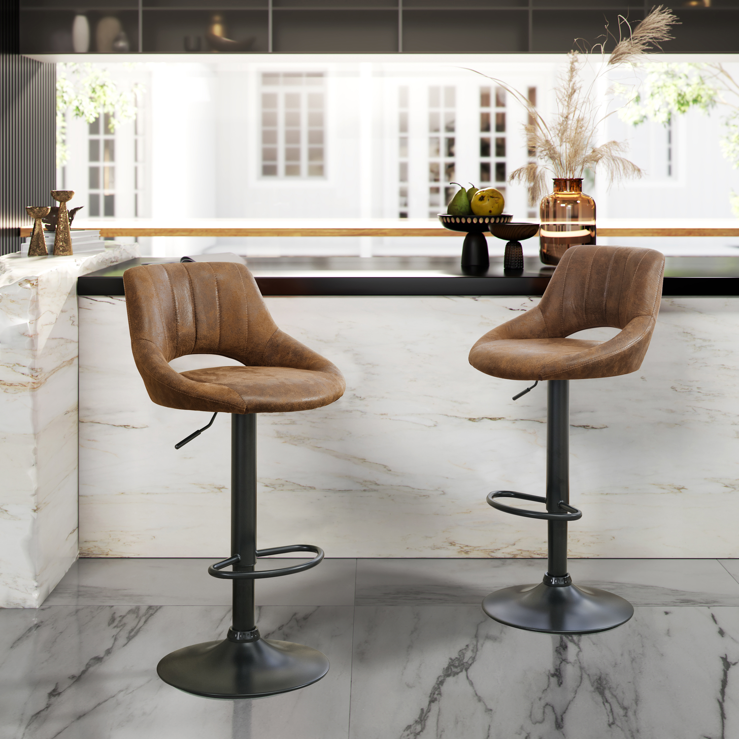 Bar Stools Set of 2 Faux Leather Counter Height Brown