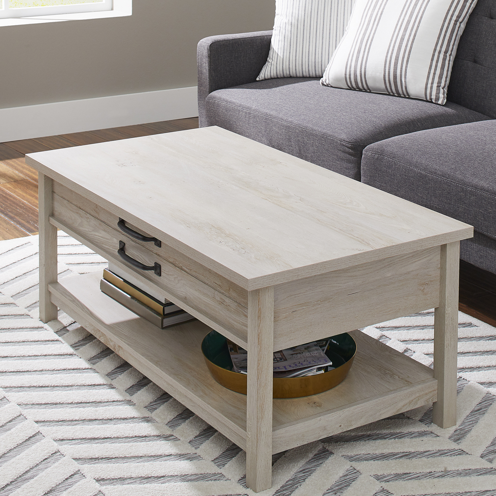 Modern Farmhouse Rectangle Lift Top Coffee Table, Rustic White