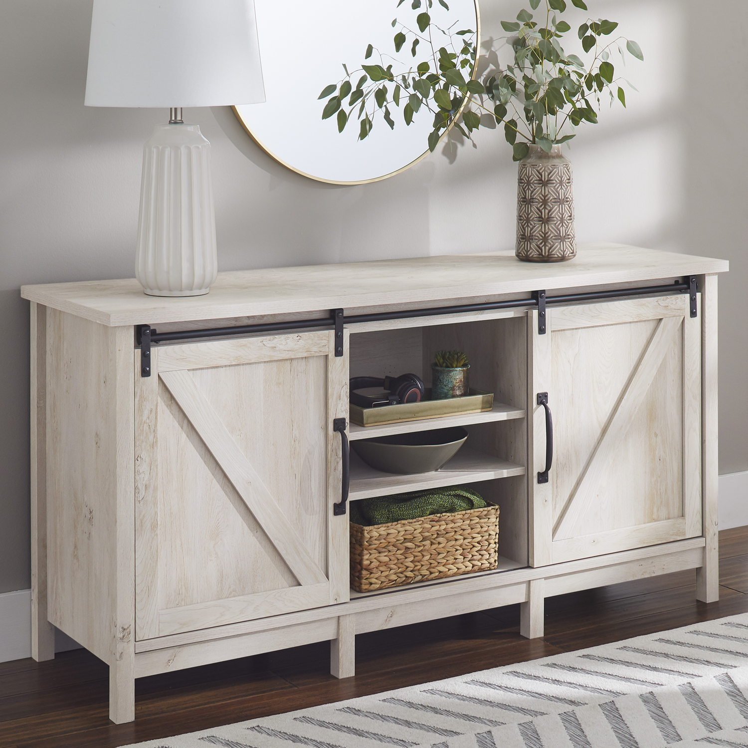Modern Farmhouse TV Stand for Tvs up to 70", Rustic White Finish