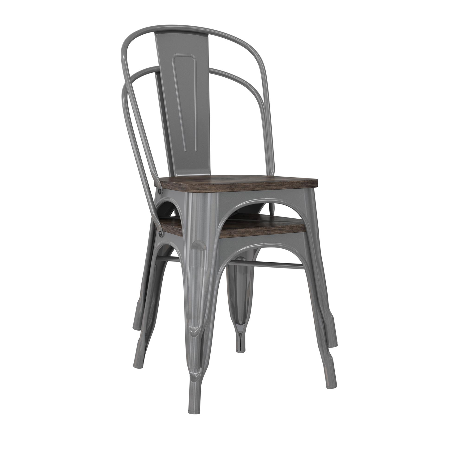 BHG Aidan Stackable Metal Dining Chair with Wood Seat, Silver, Set of 2