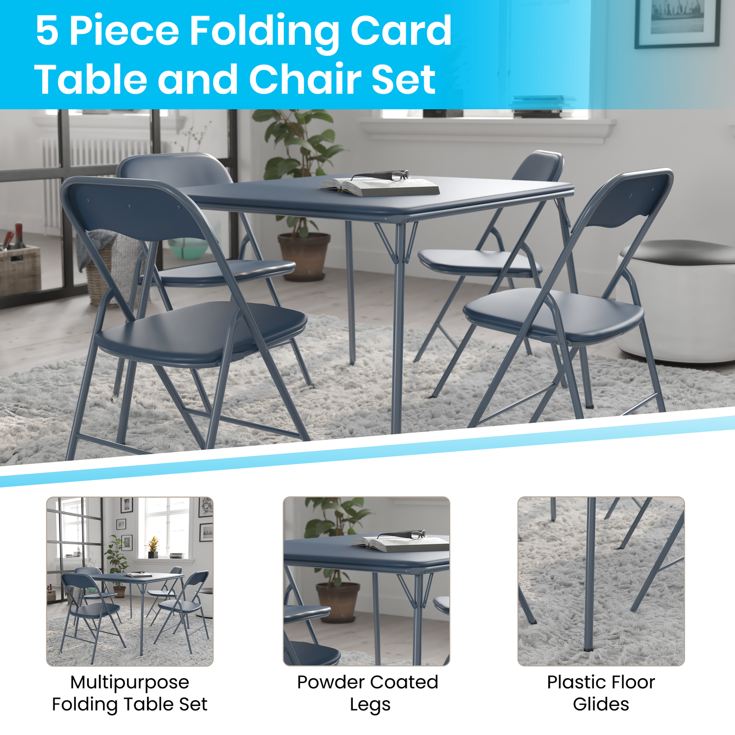 5 Piece Navy Folding Card Table and Chair Set